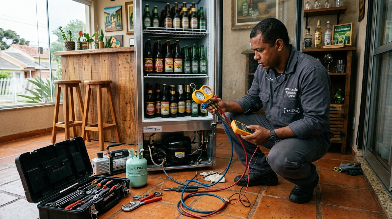 Profissional executando reparo no motor de cervejeira em Contagem‑MG