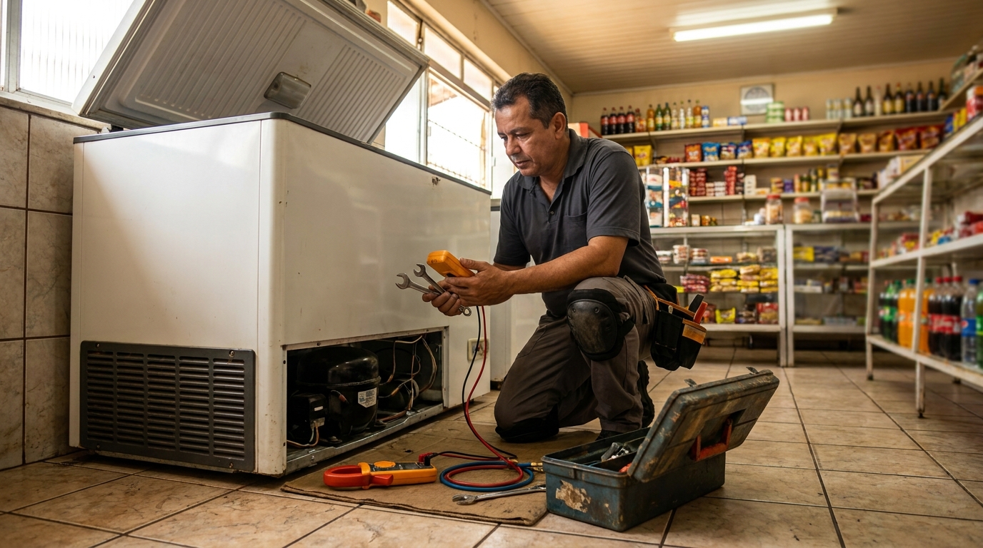 Profissional executando manutenção no motor de freezer em Contagem‑MG