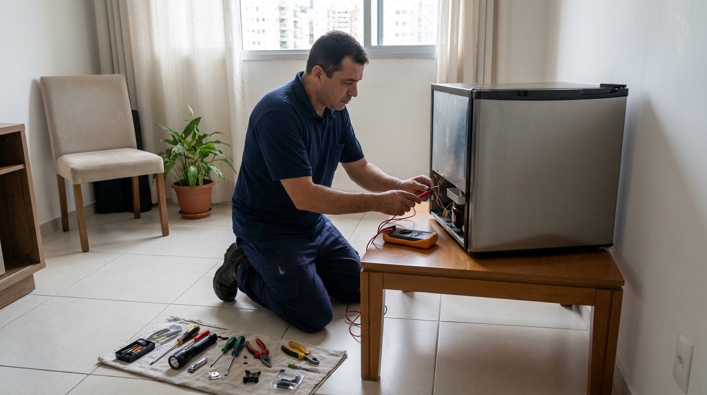 Técnico fazendo manutenção do motor de frigobar em Contagem‑MG