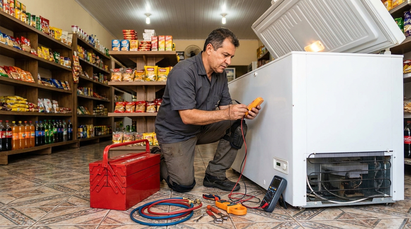 Recarga de gás refrigerante no freezer durante atendimento em Contagem‑MG