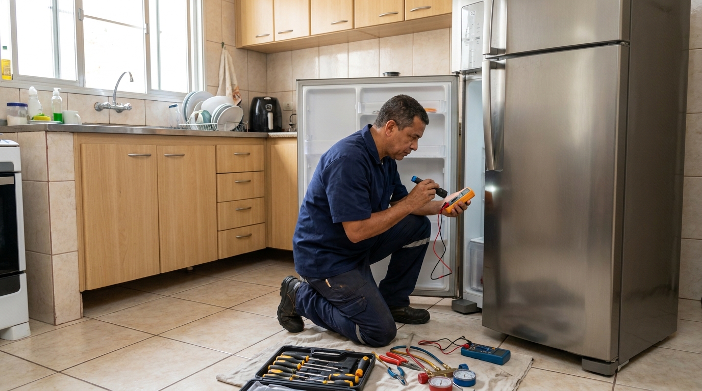 Técnico aplicando recarga de gás refrigerante em geladeira em Contagem‑MG